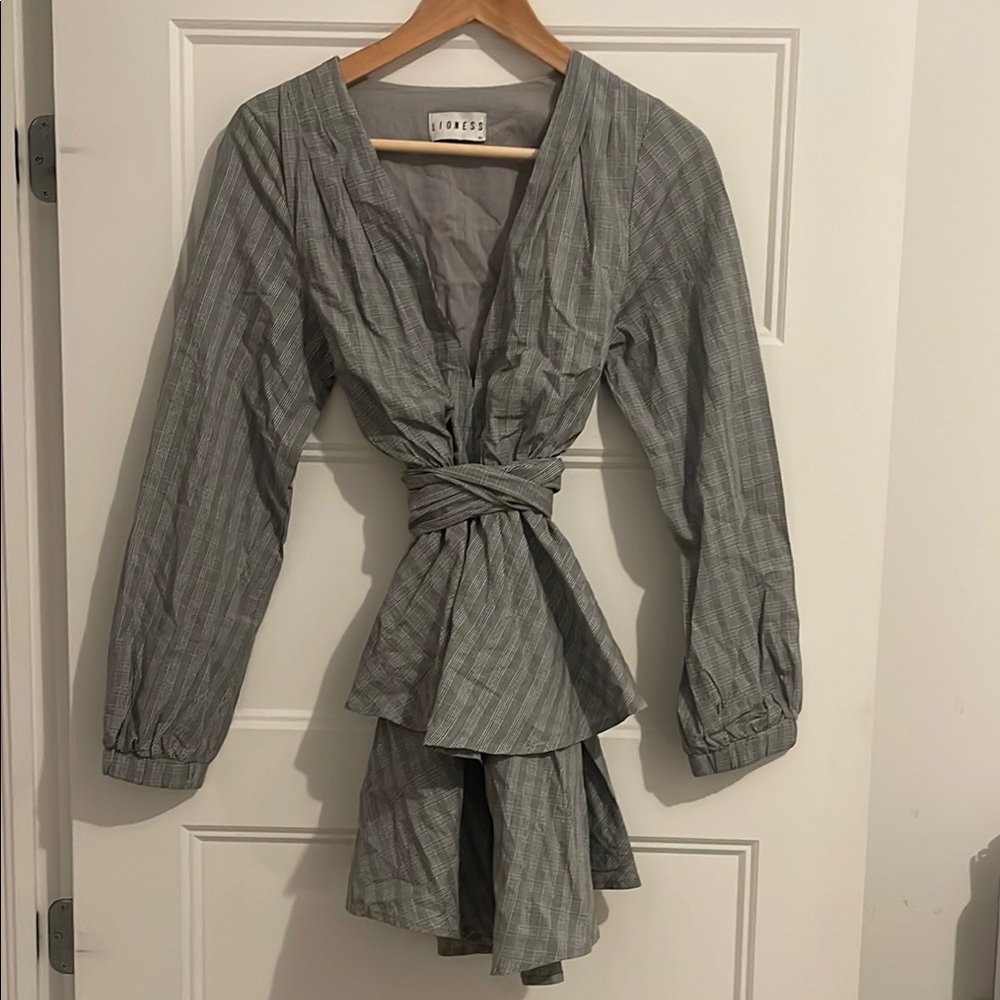 Gray Plaid Long Sleeve Wrap Dress